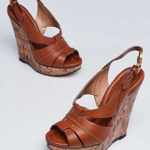 Chloe Brown Pebbled Leather Elah Platform Cork Wedges Size 5.5/36